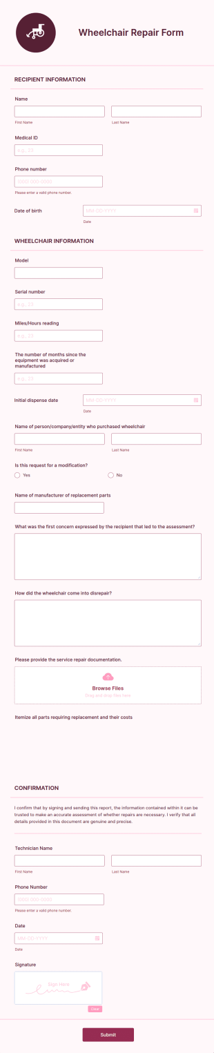Wheelchair Repair Form Template