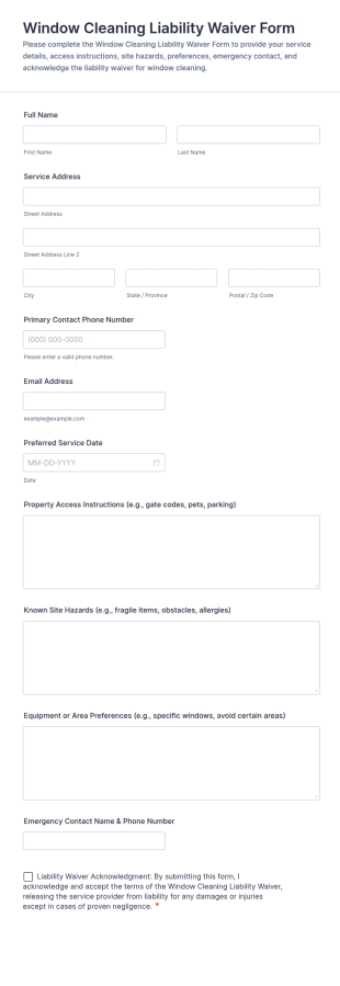 Window Cleaning Liability Waiver Form Template