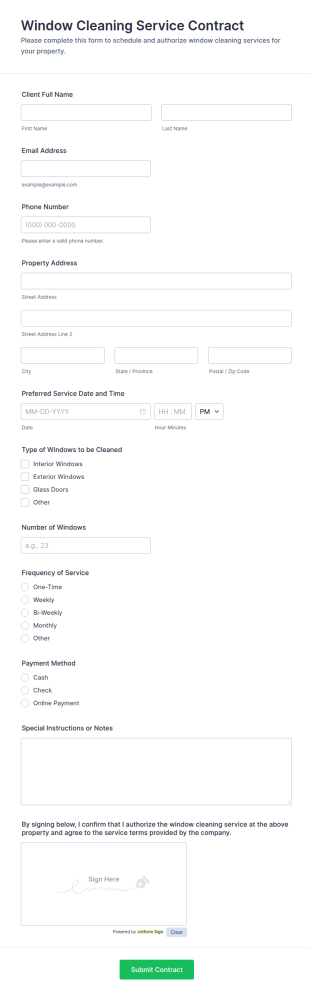 Window Cleaning Service Contract Form Template