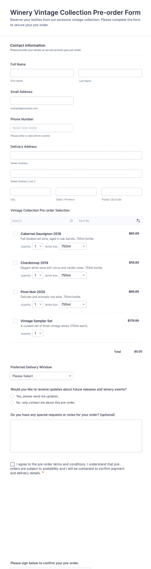 Winery Vintage Collection Pre Order Form Template