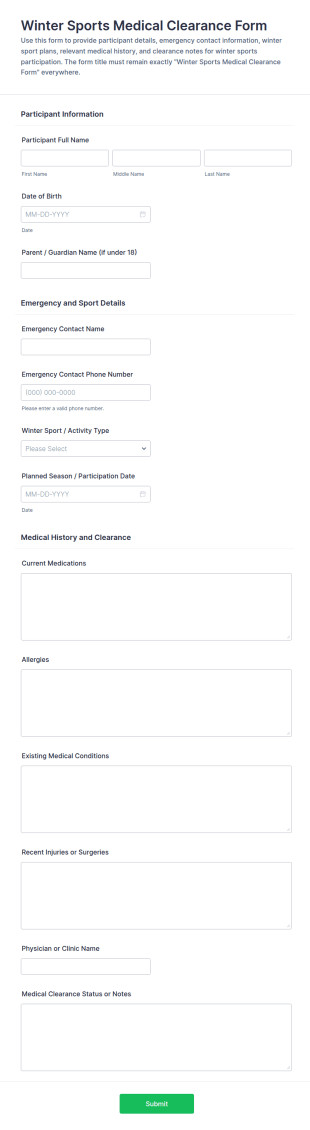 Winter Sports Medical Clearance Form Template