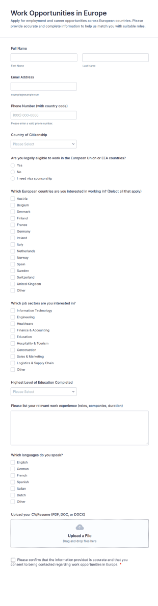Work Opportunities In Europe Form Template