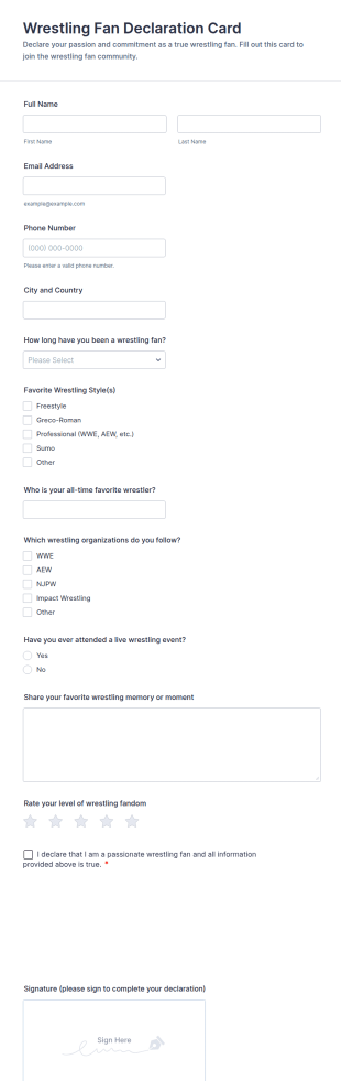 Wrestling Fan Declaration Card Form Template