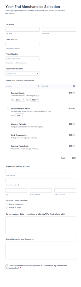 Year End Merchandise Selection Form Template