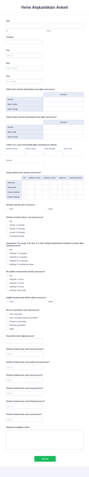 Yeme Alışkanlıkları Anketi Form Şablonu