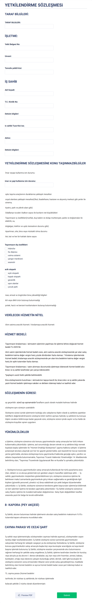 YETKİLENDİRME SÖZLEŞMESi Form Şablonu