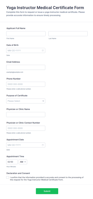 Yoga Instructor Medical Certificate Form Template