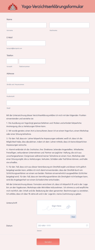 Yoga Verzichtserklärungsformular