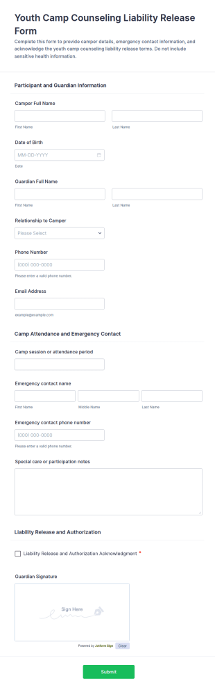 Youth Camp Counseling Liability Release Form Template