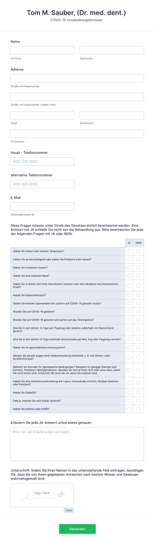 Zahnarztpraxis COVID 19 Vorabkl&auml;rungsformular