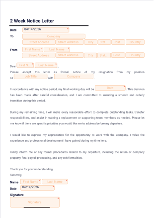 2 Week Notice Letter Template - PDF Templates