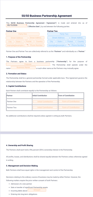 50-50 Business Partnership Agreement Template - PDF Templates