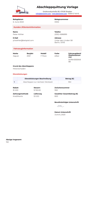 Abschleppquittung Vorlage - PDF-Vorlagen