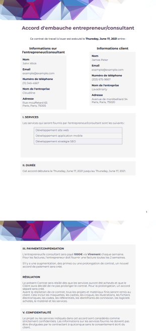 Accord d'embauche entrepreneur consultant Modèle PDF