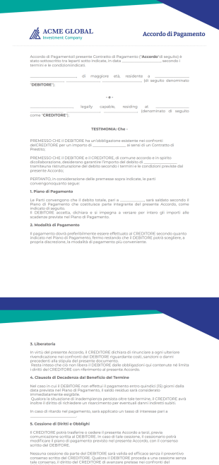 Accordo di Pagamento Template PDF