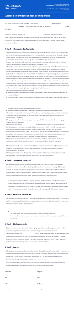 Acordo de Confidencialidade para Funcionários Modelo de PDF