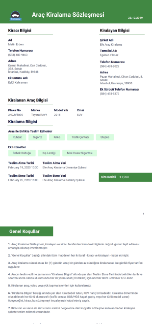Araç Kiralama Sözleşmesi Örneği PDF Şablonu