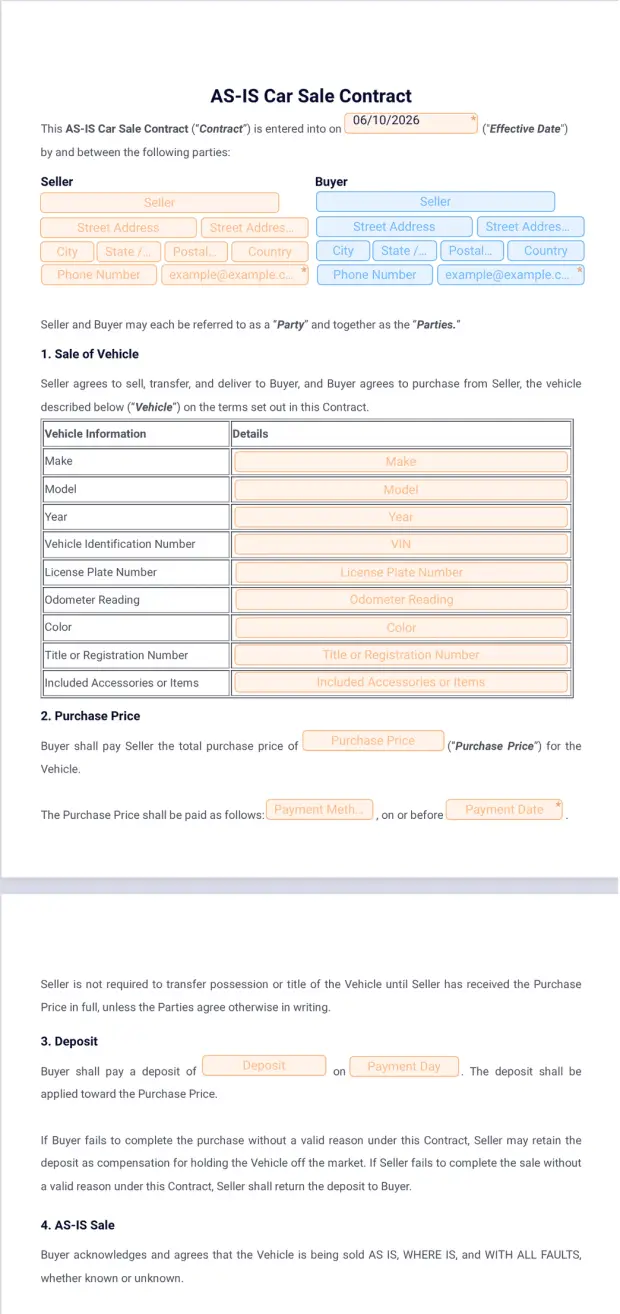 AS IS Car Sale Contract Template