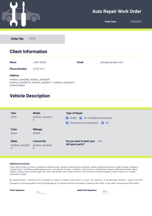 Auto Repair Work Order PDF Template