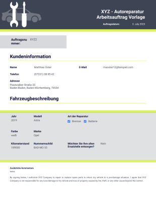 Autoreparatur-Arbeitsauftrag PDF-Vorlage