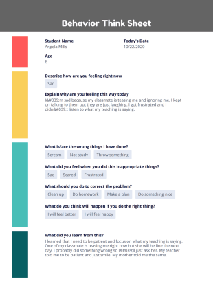Behavior Think Sheet for Elementary Students PDF Template