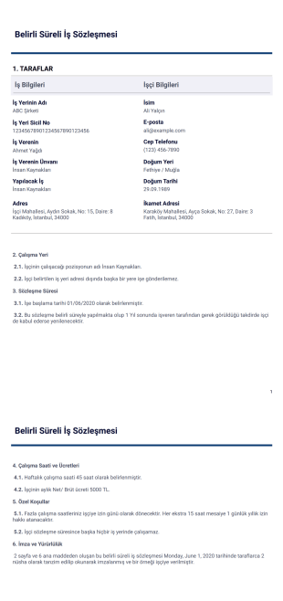 Belirli Süreli İş Sözleşmesi PDF Şablonu