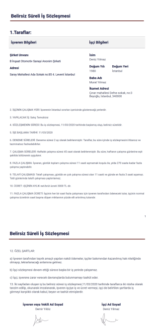 Belirsiz Süreli İş Sözleşmesi PDF Şablonu