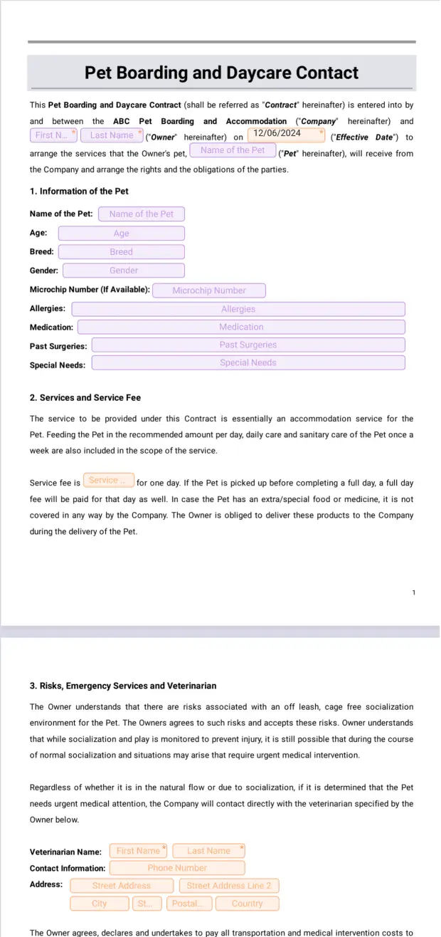 Boarding and Daycare Contract