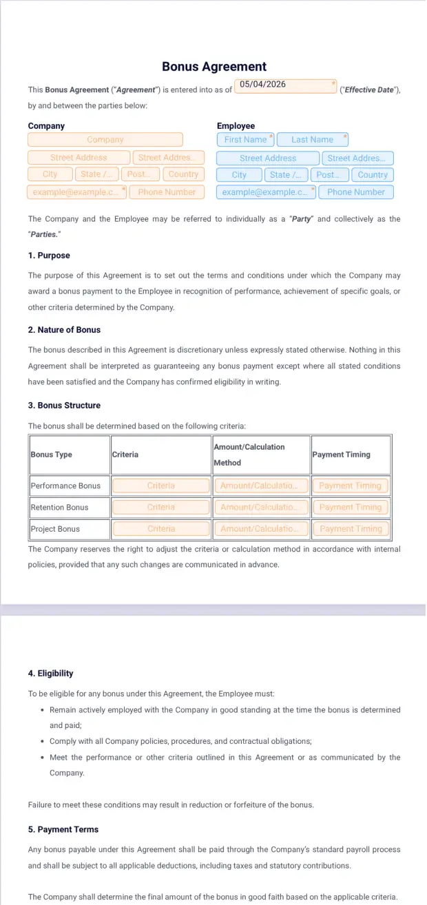 Bonus Agreement Template