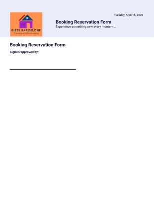 Booking Reservation Form PDF Template