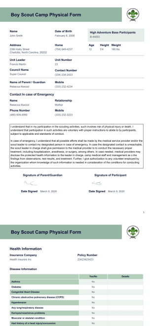 Boy Scout Camp Physical Form PDF Template