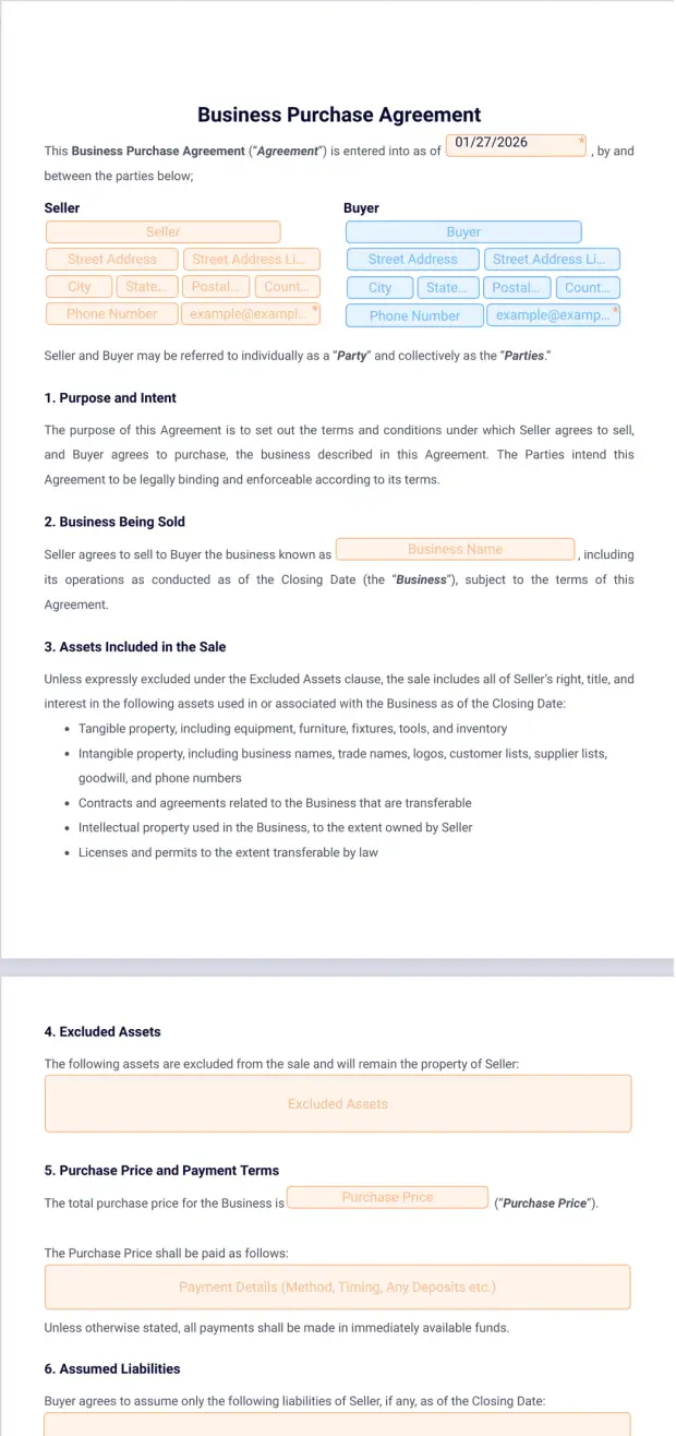 Business Purchase Agreement Template