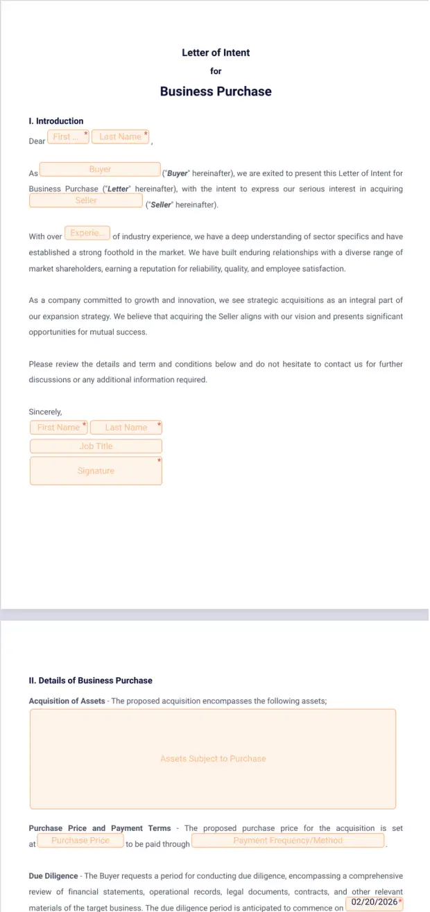 Business Purchase Letter of Intent Template