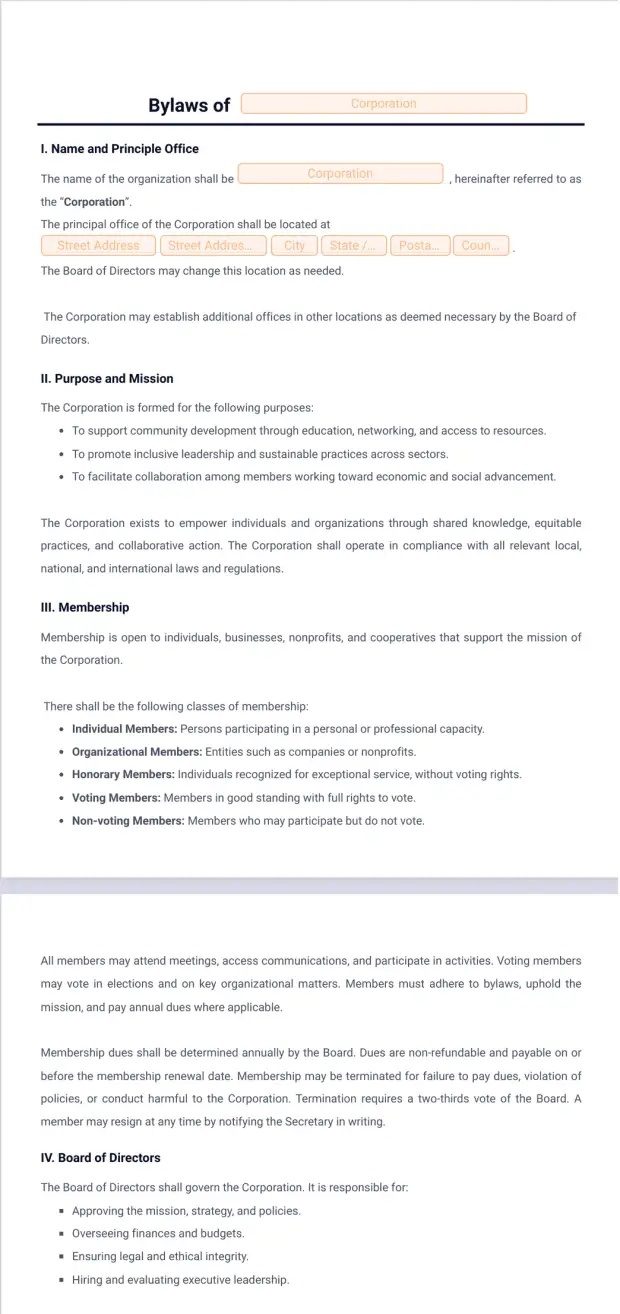 Bylaws Template