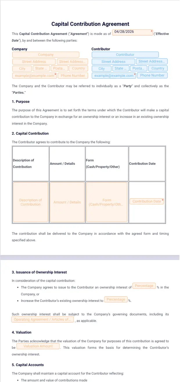 Capital Contribution Agreement Template