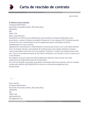 Carta de Rescisão de Contrato Modelo de PDF