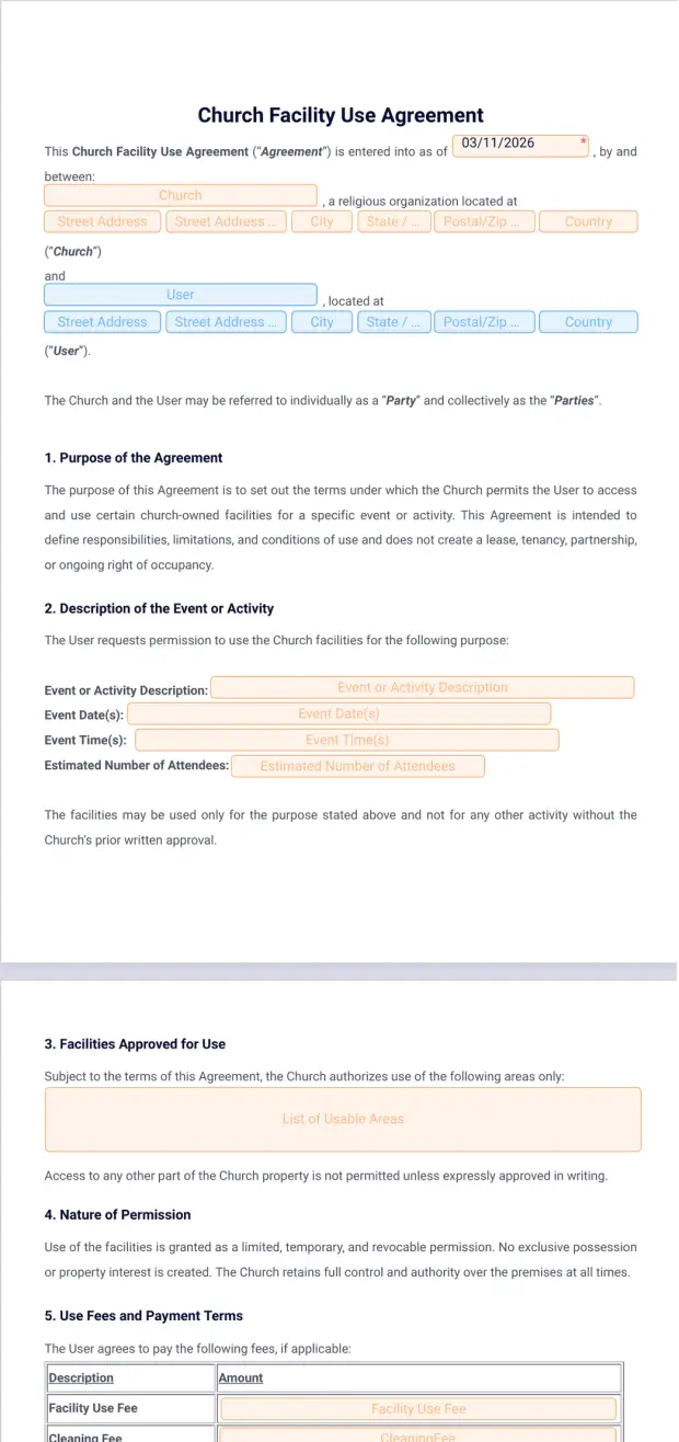 Church Facility Use Agreement Template