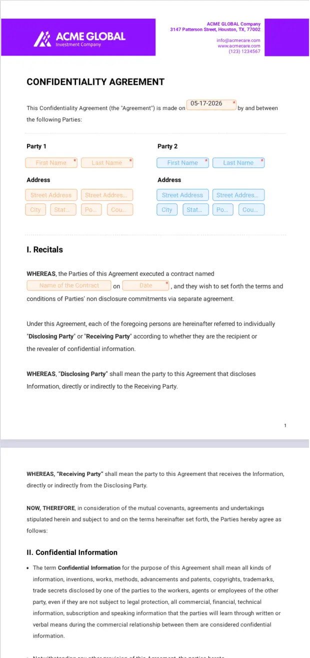 Confidentiality Agreement Template