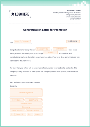 Congratulation Letter for Promotion PDF Template