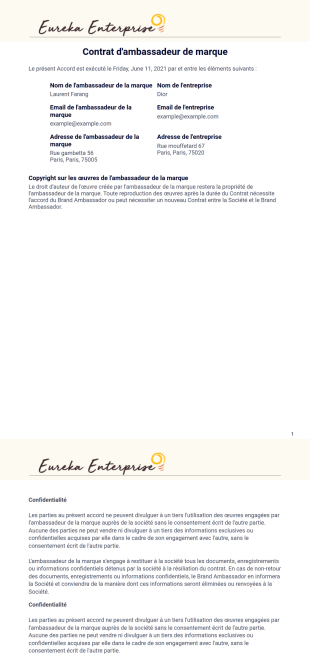 Contrat d'ambassadeur de marque Modèle PDF