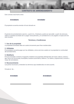 Contrato de arrendamiento de una página Plantilla PDF