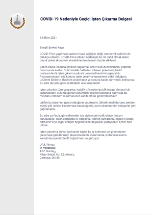 COVID-19 Nedeniyle Geçici İşten Çıkarma Belgesi Şablonu - PDF Şablonları