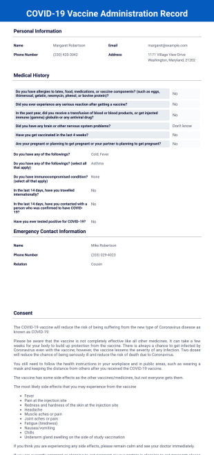 COVID-19 Vaccine Administration Record PDF Template