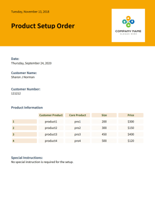 Customer Product Setup Order PDF Template