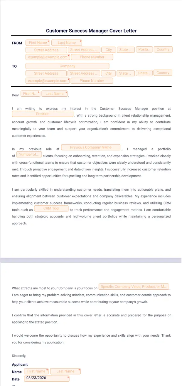 Customer Success Manager Cover Letter