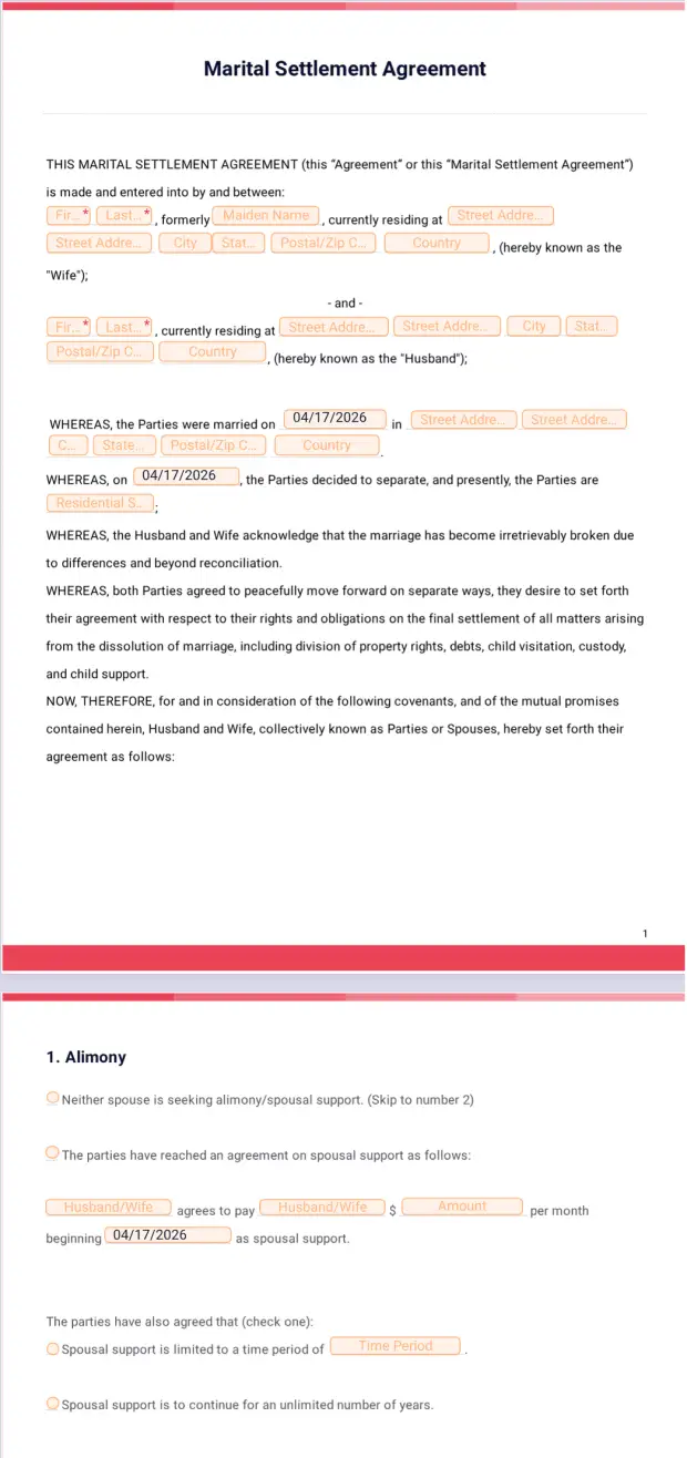 Divorce Settlement Agreement Template