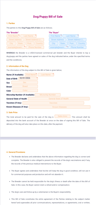 Dog Puppy Bill of Sale PDF Template