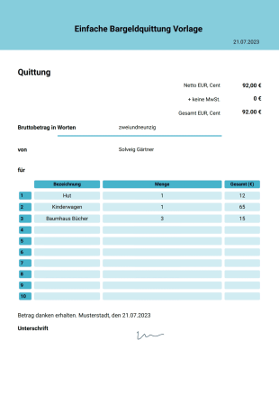 Einfache Bargeldquittung Vorlage - PDF-Vorlagen