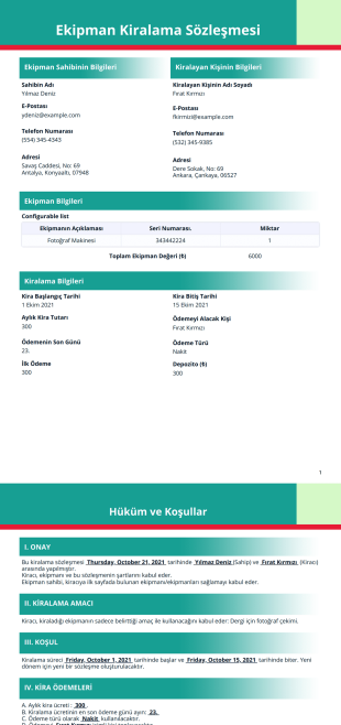 Ekipman Kiralama Sözleşmesi Şablonu - PDF Şablonları