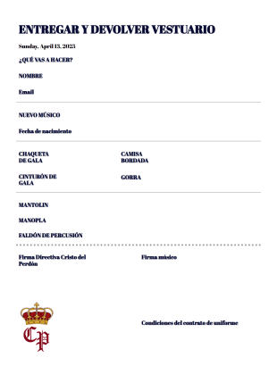 Entrega Y Devolucion De Vestuario Plantilla PDF